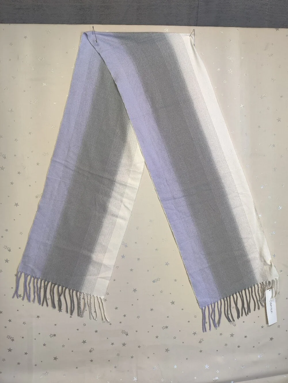 Calvin Klein NWT Soft Scarf Ombre Gray Lavender Ivory Striped Fringe 11 x 40